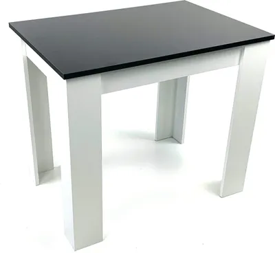 A table with a black top and white legs, shown from a slightly elevated angle against a white background.
