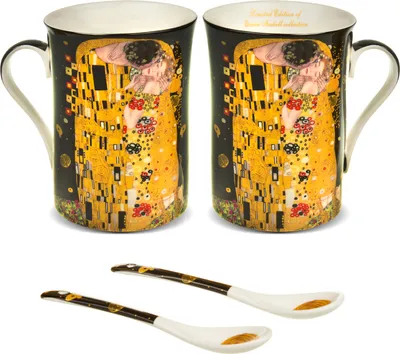 Produktbild von 2 Kaffeebecher groß Set 250ml  Becher mit Löffel "Kuss" Gustav Klimt Geschenkidee Porzellan