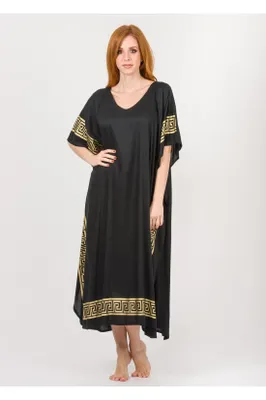 Produktbild von Boho Sommerkleid & Kaftan aus Viskose mit Goldmäander – Maxikleid, blickdicht, elegant bis 3XL