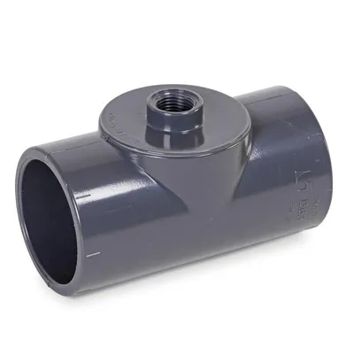 Produktbild von Mega T-Stück 90° PVC-U 63 mm x 1/2 Zoll x 63 mm Klebemuffe x Innengewinde x Klebemuffe 10 bar, grau