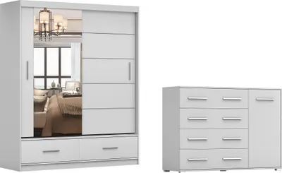 A white wardrobe with mirrored doors and a chest of drawers.