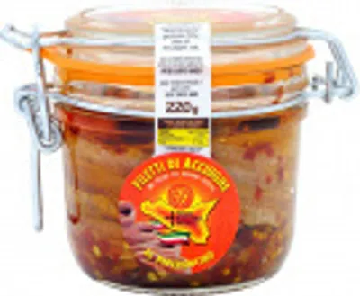 Produktbild von Sardellenfilets in Olivenöl mit Peperoncino im luftdichten Glas 220 gr Pesce Azzurro Cefalù