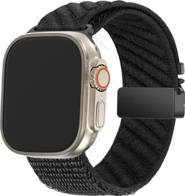 Produktbild von Bandz Nylonband 'Wave' mit Fallschirmschließe - passend für Apple Watch Series 1/2/3/4/5/6/7/8/9/10/11/SE/Ultra - iWatch Nylonband für große Größen: 44mm/45mm/46mm/49mm (schwarz)