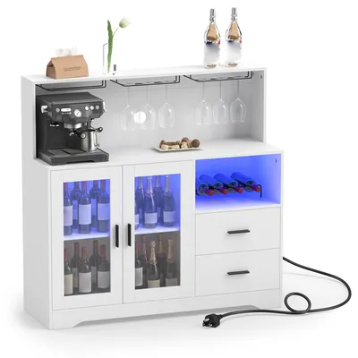 Produktbild von COSTWAY Küchenschrank, Buffetschrank mit Steckdose & LED, Sideboard mit Arbeitsplatte, 2 Schiebetüren & 2 Schubladen, 120 x 40 x 115,5 cm, Weiß