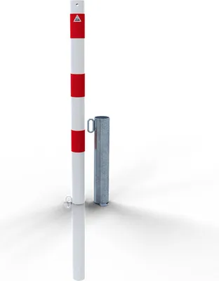 Produktbild von Schake Absperrpfosten herausnehmbar für Vorhängeschloss aus Stahlrohr verzinkt Ø60x2,5mm weiß mit rot reflektierenden Leuchtstreifen und Stahlkappe 900mm Überflur und Ösen