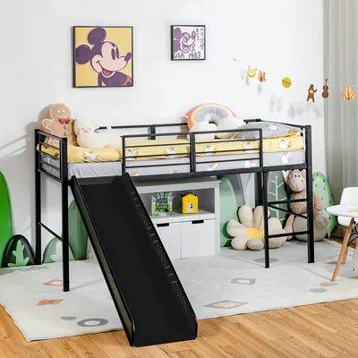 Obrázek produktu pro COSTWAY Dětská postýlka s ochranou proti vypadnutí, hrací postel se skluzavkou a žebříkem, kovová, pro chlapce a dívky, 198 x 96 x 109 cm (černá)