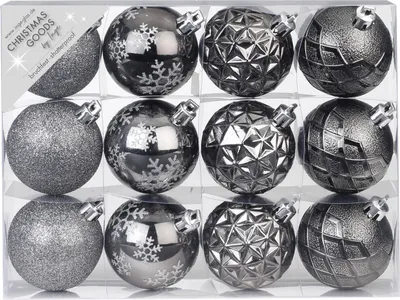 Produktbild von Weihnachtskugeln Muster Mix Kunststoff 6cm anthrazit, 12er Set