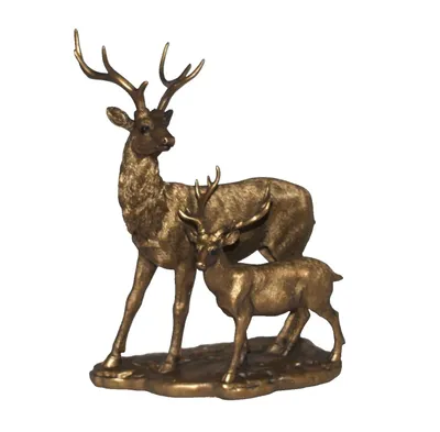 A bronze sculpture of two deer, one adult and one fawn, standing on a rocky base.