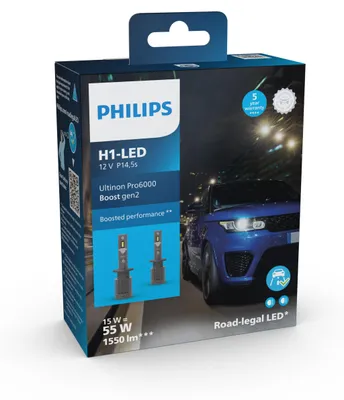 Obrázek produktu pro Philips Ultinon Pro6000 Boost 11258U60B2X2 Žárovka do automobilového světlometu, 15 W, 12 V, H1, LED, 5800 K, 2 kusů