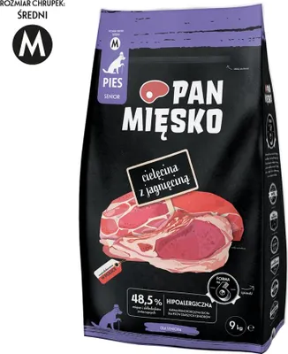 A bag of dog food with an illustration of meat.