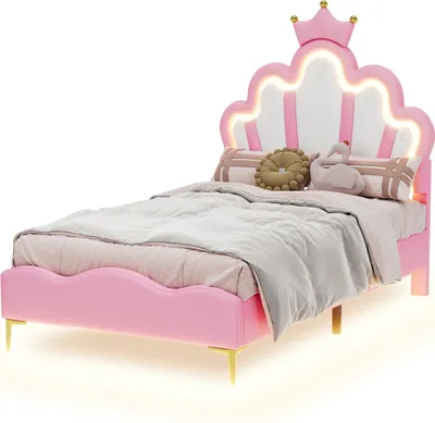 Produktbild von UnboxG Rosa Kinderbett 90x200 cm mit LED-Beleuchtung – Einzelbett mit LED-Streifen am Kopfteil & Bettboden, Modernes Jugendbett