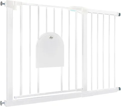 Produktbild von QEENTOE Sicherheitsgitter, Hundegitter für Türdurchgänge und Treppen (105-115 cm), integrierte Haustierklappe, 30 cm Verlängerung inklusive, Weiß