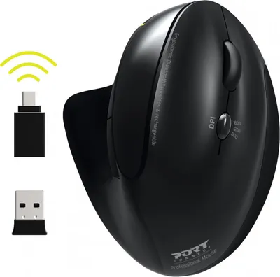 Obrázok produktu pre PORT Connect Professional - vertikálna myš - ergonomická - pre pravákov - optická - 5 tlačidiel - bezdrôtová - 2,4 GHz, Bluetooth 3.0, Bluetooth 5.0 - bezdrôtový prijímač USB / USB-C (900706-BT)