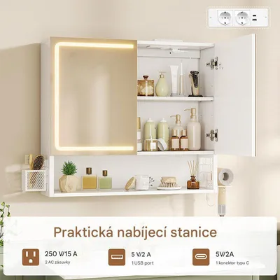 Obrázok produktu pre Kúpeľňová skrinka so zrkadlom a LED osvetlením DJ504876_1, 70 x 60 x 16 cm, biela