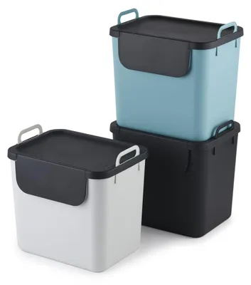 Produktbild von Jive Mülltrennsystem Set 3er-Set Mülltrennsystem 30l für die Küche, Kunststoff (PP recycelt), dunkelgrau/weiss/grün, 3 x 30l (39.8 x 29.8 x 50.1 cm)