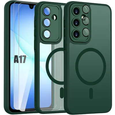 Image de Coque + 2 Verres Trempés pour Samsung Galaxy A17 4G/5G, avec Anneau Magnétique et Vitre Caméra - Vert Nuit