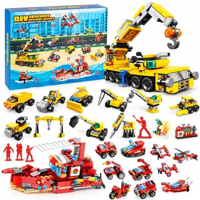 Produktbild von Adventskalender 2026 Kinder Bausteine Baufahrzeuge 24 Überraschungen Weihnachten Countdown Geschenke LKW Baustelle Feuerwehr und Baufahrzeugflotte B