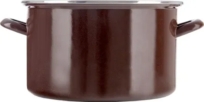 A brown enamel pot with two handles is shown against a white background.