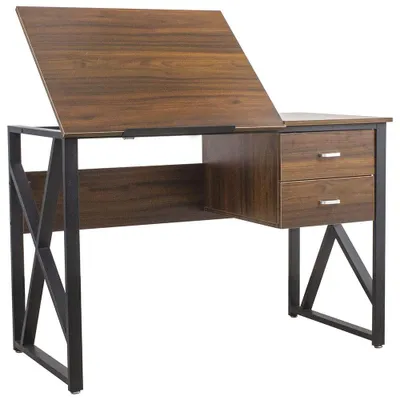Schreibtisch mit 2 Schubladen, verstellbare Platte, Metallgestell, 110x75x55 cm