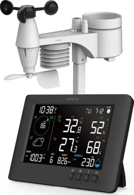A white weather station with a black digital display unit in front of it.