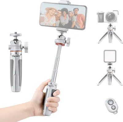 Zdjęcie produktu dla K&F CONCEPT Przenośny, rozkładany statyw do selfie, stop aluminium, śruba 1/4 cala, nośność 2 kg, z uchwytem na telefon, zamiennik pilota do iPhone'a 15/14/13/12, aparaty bezlusterkowe, vlogi, transmisje na żywo, nagrywanie filmów selfie