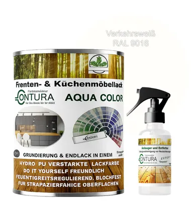Produktbild von 2 Liter + Anlauger - Contura Küchenmöbellack RAL Möbellack SEIDENMATT SET Möbelfarbe Holzlack Buntlack Küchenlack - RAL 9016 Verkehrsweiß