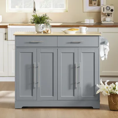 SoBuy Kücheninsel FKW129-HG mit grauem Mittelteil, Holz-Arbeitsplatte und ausklappbarer Seite im modernen Küchenambiente