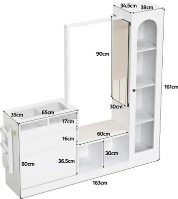 Immagine prodotto di okwish Set da corridoio 6 in 1, Armadio con barra guardaroba e panca per scarpe, scarpiera e vetrina, Illuminazione LED, Bianco