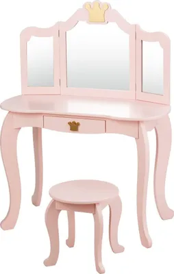 A pink wooden vanity table with a tri-fold mirror and a matching stool, set against a white background.