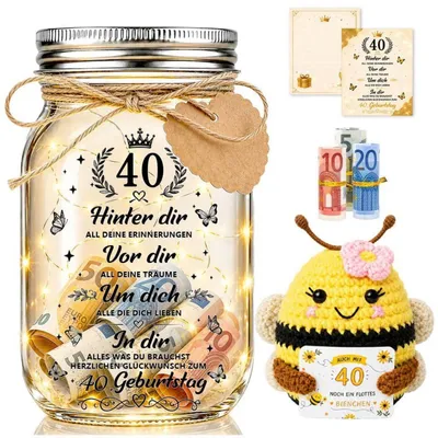 Produktbild von Geschenkset 40. Geburtstag LED Flaschenlicht mit Häkelbiene und Karte