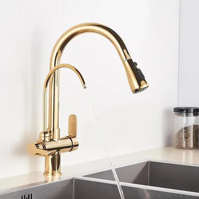 Immagine prodotto di Filtro per l'acqua per rubinetto da cucina - Rubinetto a due maniglie per lavello - Bocchetta a doppio getto girevole a 360° - Acqua calda e fredda - Montaggio su un foro - Finitura dorata spazzolata