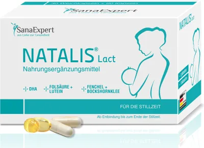 Produktbild von SanaExpert Natalis Lact, Nahrungsergänzung während der Stillzeit nach Schwangerschaft mit DHA, Folsäure, Lutein, Fenchel und Bockshornklee, Kombi-Präparat, 90 Kapseln (1)