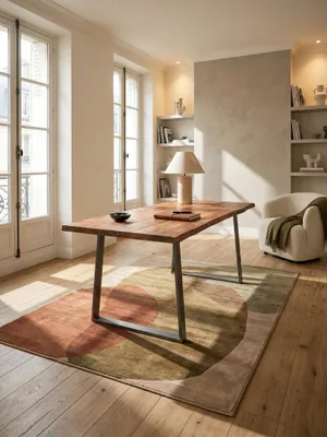 Massiver Akazienholz-Schreibtisch mit Baumkante in einem lichtdurchfluteten Home Office mit Eichenparkett und hohen Fenstern._#sku_SAFWL7.267#