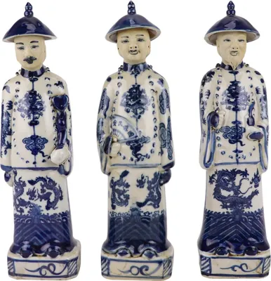 Obrázek produktu pro Fine Asianliving Čínský císař porcelán Figurky Sochy Tři generace Modrá Bílá Ručně malované Set/3 Š8xH6xV27cm