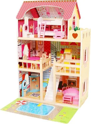Zdjęcie produktu dla Drewniany domek dla lalek, meble, basen + oświetlenie ECOTOYS