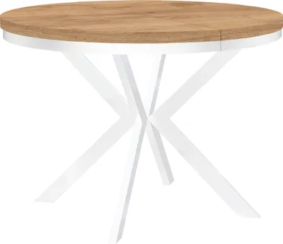 Image de Table ronde à rallonges pour salle à manger ENDIK avec piétement à anneaux et pieds en métal, diamètre : 100 / 150 cm, couleur : chêne craft or / blanc