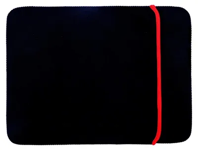 A black laptop sleeve with a red elastic band on the right side.