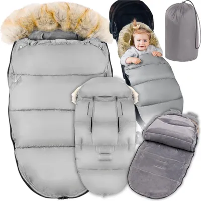 Produktbild von Wintergrauer Fell-Wickelschlafsack für Kinderwagen, Gondel, Schlitten + Hülle