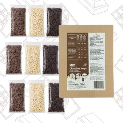 Produktbild von Schokoladen-Mix Fondue-Drops – 3× weiße, 3× Milch, 3× Zartbitter für Dessert, Kuchen & Schokoladenbrunnen – 720 g (9×80 g)