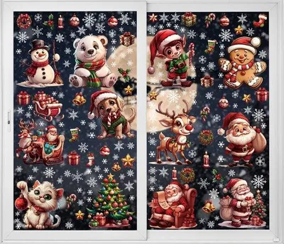Obrázok produktu pre 12-dielna sada obsahujúca 171 veľkých keramických nálepiek na okná, vianočné dekorácie, Santa Claus, sob, pes, mačka, nálepky na okná, vianočné predmety pre domácnosť, školu a kanceláriu