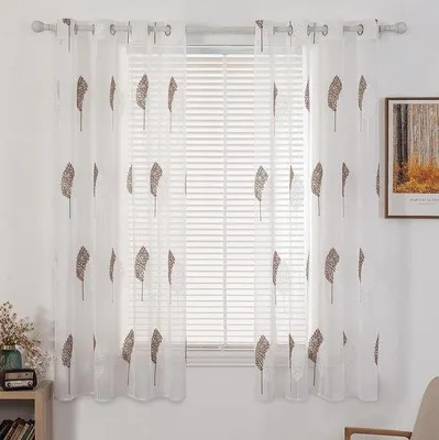 Image de Rideaux transparents Ibenzoa® avec motif de feuilles brodées, œillets, lot de 2, dimensions 140 x 175 cm, 100% polyester, translucides, idéaux pour les salons et les chambres