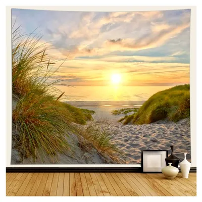 Produktbild von Wandbehang Meereslandschaft, 350x256cm Sonnenuntergang am Meer, Wanddeko für Schlafzimmer und Wohnzimmer, Gelb-grün Beige