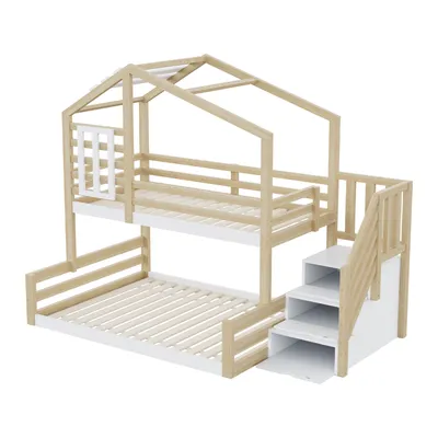 Produktbild von Flieks Etagenbett 90x200 / 140x200cm mit Rausfallschutz, Kinderbett Hausbett mit Fenster, Hochbett mit Treppe, Holzbett Stockbett 2 Kinder, Holzfarbe