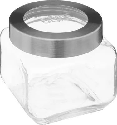 A clear studio shot of a glass jar with a silver lid.