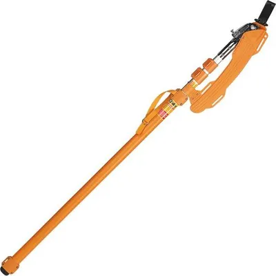 A long orange pole saw with a black handle attachment is shown against a white background.