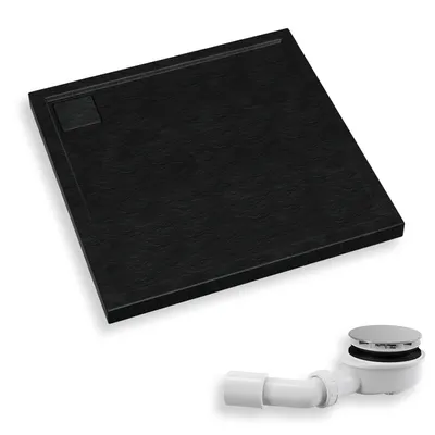 Zdjęcie produktu dla Brodzik Posadzkowy Prysznicowy Kwadratowy 80x80x5 Akrylowy, Efekt Kamienia, Czarny | w zestawie - Syfon, odpływ ⌀90 mm | BADLAND OMEGA