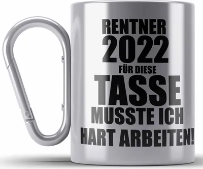 Produktbild von Trendation - Rente Edelstahl Tasse Karabiner 2022 Spruch Ruhestand Rentner Geschenk Rentnerin Karabiner Edelstahl Tasse Karabiner Edelstahl Renteneintritt (Silber)