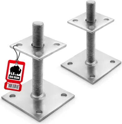 Two metal post supports with threaded rods and square base plates are shown on a white background.