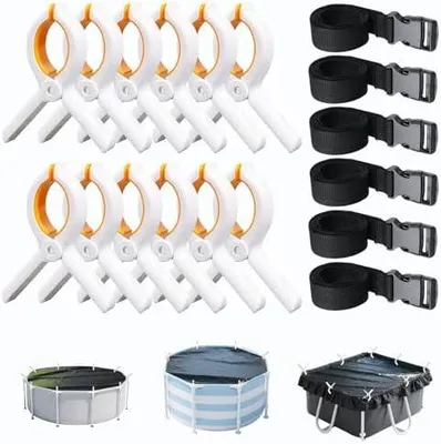Produktbild von 12 x Poolabdeckungs-Clips und seitliche Organizer-Gurte, robuste Schwimmb?der, winddichte Clips fš¹r oberirdische Pools (12 x Clips, 6 x Organizer-Riemen)