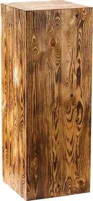 A tall, rectangular wooden pedestal with a rustic, burnt wood finish, presented against a white background.